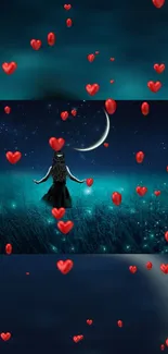 Dreamy teal night sky with red hearts and crescent moon.