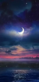 Night sky wallpaper with crescent moon and stars reflecting in a calm water body.