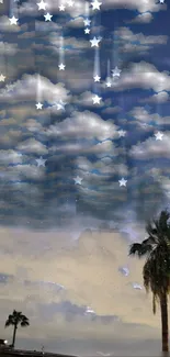 Dreamy night sky wallpaper with clouds, stars, and palm trees.