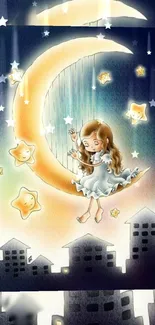 Illustration of girl on crescent moon over starry night cityscape.