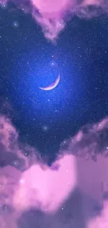 A purple heart-shaped cloud with stars and crescent moon.