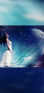 Dreamy night sky wallpaper with moonlit woman and stars in blue tones.