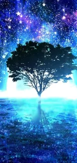 Silhouette tree under a starry blue night sky with cosmic reflections.