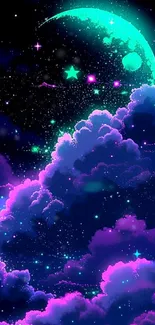 Vibrant purple clouds with a crescent moon and twinkling stars in the night sky.