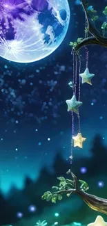 Dreamy night sky with hanging stars and luminous moon.