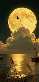 Night sky with full moon and boat reflected in calm sea.