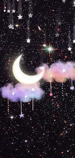 Whimsical night sky with crescent moon, clouds, and stars.