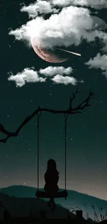 Silhouette of girl on swing under starry sky and crescent moon.