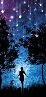 Silhouette under a colorful starry night sky with trees.