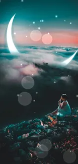 Woman sitting under crescent moon in dreamy night sky.