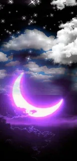 Crescent moon glowing purple under a starry night sky with clouds.