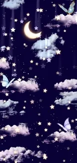 Whimsical night sky wallpaper with clouds, stars, and butterflies.