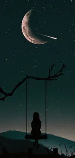 Silhouette of girl on swing under crescent moon and stars in dark teal sky.