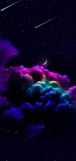 Dreamy night sky with vibrant nebula clouds and a crescent moon, perfect for mobile.