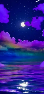 Dreamy purple night sky with clouds and moonlit sea.