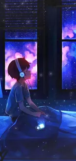 Dreamy night scene with stargazing figure and vibrant sky.