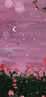 Pink night sky with roses and stars wallpaper.