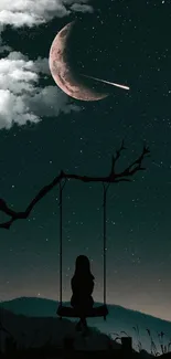 Silhouette of girl on swing under crescent moon and shooting star.