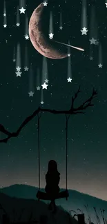 Silhouetted figure on a swing under a starry night sky with a large moon.