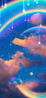 Dreamy night sky with vibrant rainbow halos and mystical clouds.