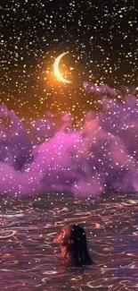 Woman in ocean beneath a dreamy moonlit sky with vibrant purple clouds.