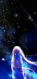 Anime girl under a starry night sky with vibrant blue colors.