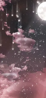 Night sky with moon, stars, and pink clouds.