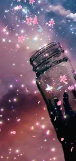 Dreamy mobile wallpaper with a jar and floating sparkles.