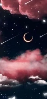 Dreamy sky with pink clouds, stars, and crescent moon.