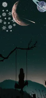 A silhouetted girl swings under a starry, cosmic night sky with moon and planets.