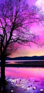 Dreamy night sky with tree and moon reflection.