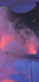 Dreamy view of starry sky with clouds through a window at night.