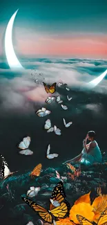 Dreamy night sky with butterflies and moonlight crescents wallpaper.