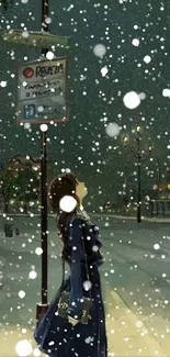 Illustration of a girl standing in a snowy night urban scene under street lights.