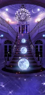 Mystical moonlit staircase with glowing orbs and a chandelier.