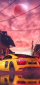 Futuristic yellow car on a vibrant city street under a dreamy, surreal pink sky.