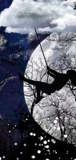 Silhouetted figure swings under a moonlit, starry night sky.