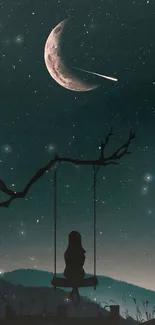 Silhouette on swing under a crescent moon and starry night sky.