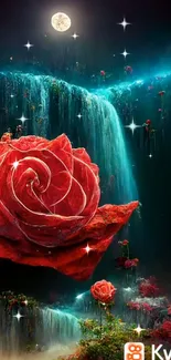 Dreamy night scene with roses and a moonlit waterfall wallpaper.