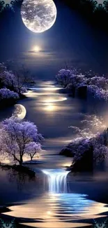 Dreamy night waterfall with moonlit water and purple trees.