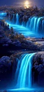 Dreamy night waterfall with moonlight creating a serene and tranquil atmosphere.