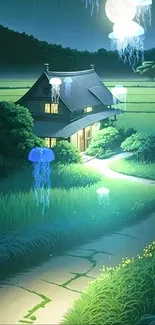 Dreamy night cottage with glowing jellyfish in a serene landscape.