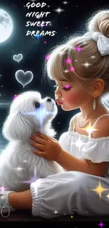 Child and puppy under a starry night sky with glowing sparkles.