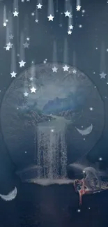 Fantasy art wallpaper with stars, waterfall, and dark blue dreamy night scene.