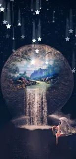 Fantasy night landscape with stars and waterfall.