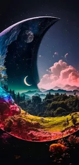 Surreal crescent moon with vivid, colorful landscape.