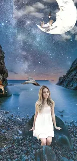 Fantasy nightscape with a moon, stars, and woman by a dreamlike ocean.