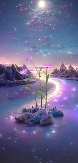 Dreamy purple nightscape with flowers and stars.