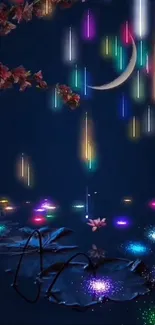 Magical night scene with glowing lights and lily pads.