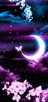 Mystical crescent moon with purple clouds and flowers on a starry night background.